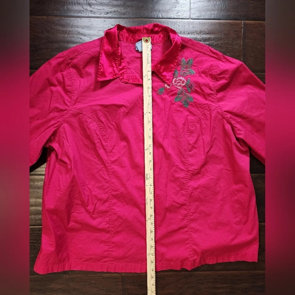 Liz & Me Womens Magenta Embroidered Collared Button Up Blouse - Picture 5 of 11
